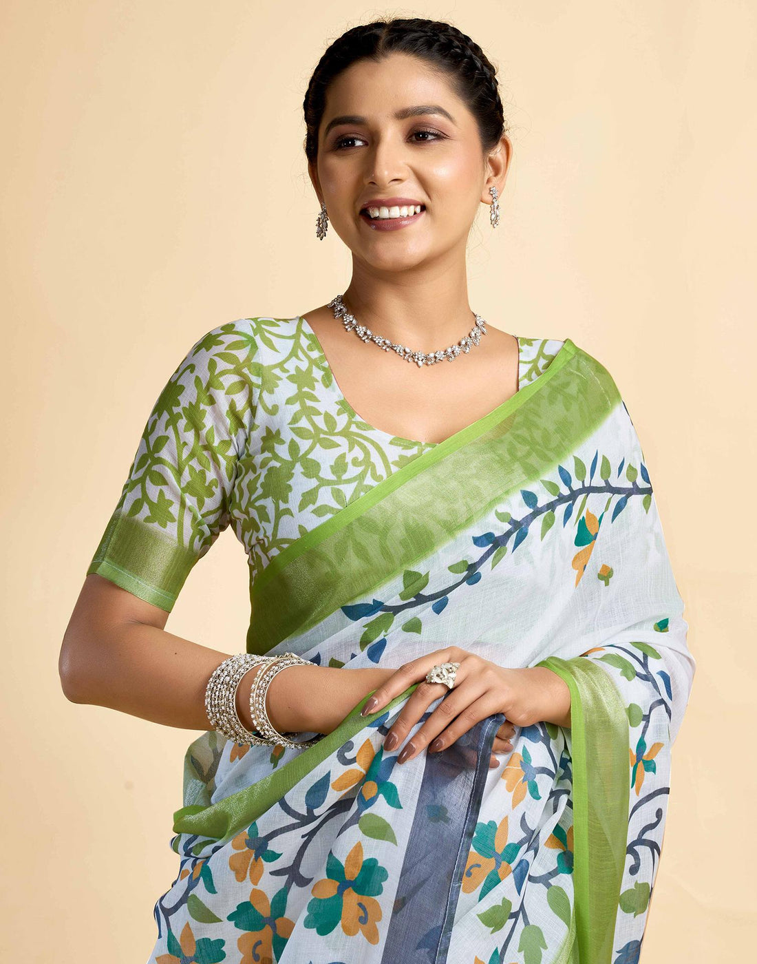 White Linen Floral printed Saree