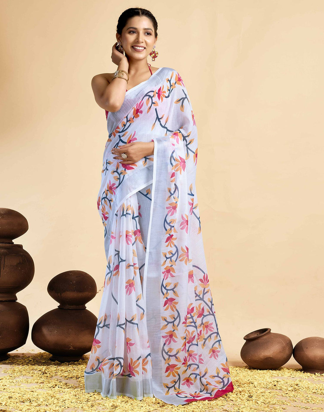 White Linen Floral Printed Saree