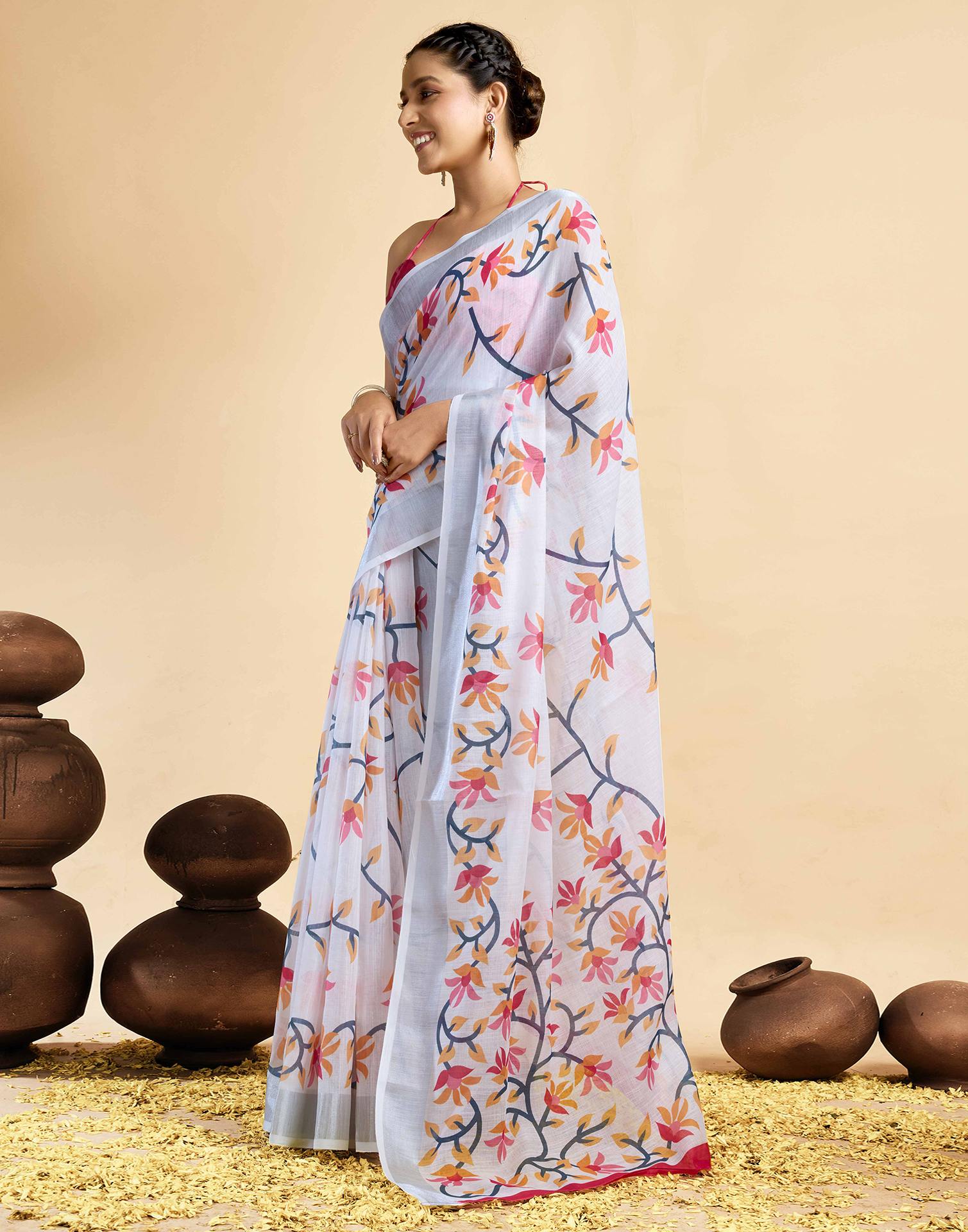 White Linen Floral Printed Saree