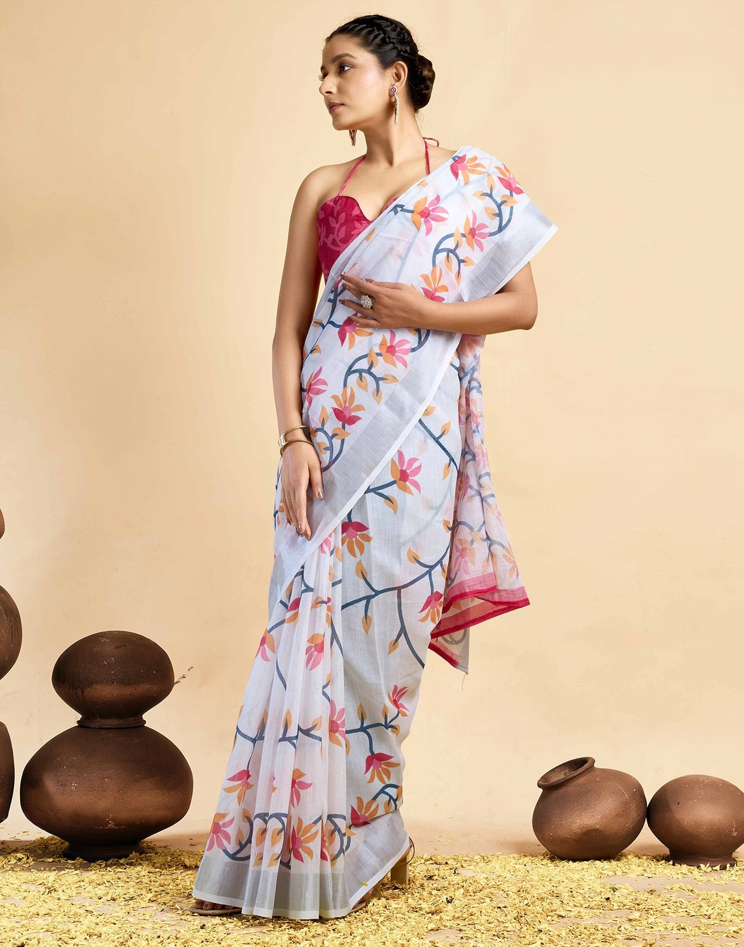 White Linen Floral Printed Saree