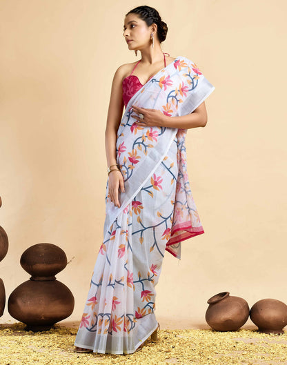 White Linen Floral Printed Saree