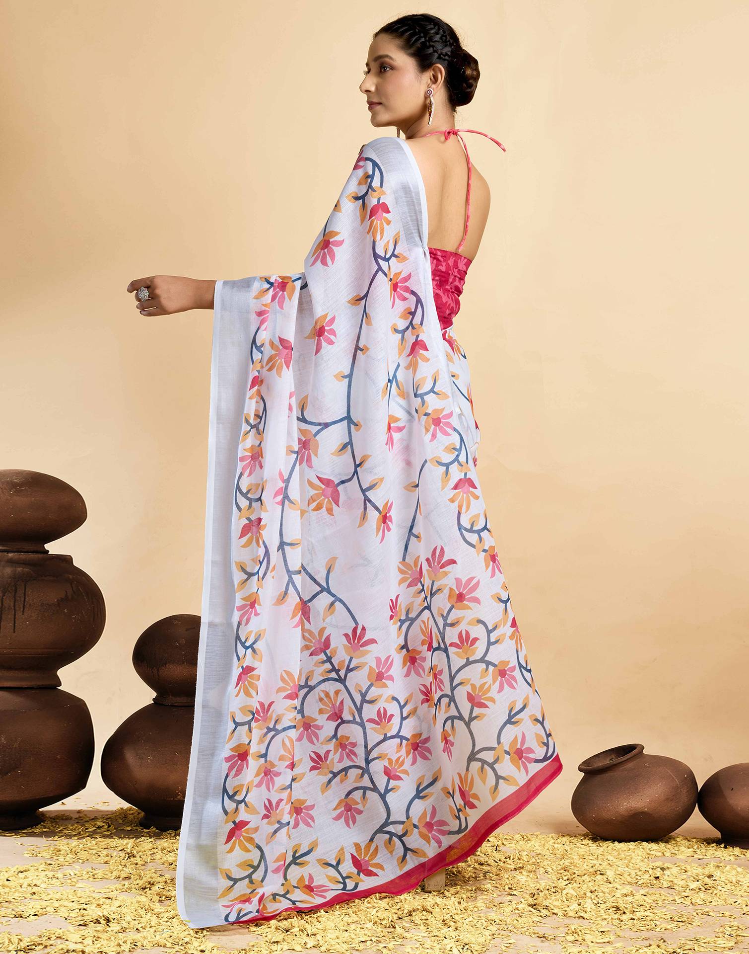White Linen Floral Printed Saree