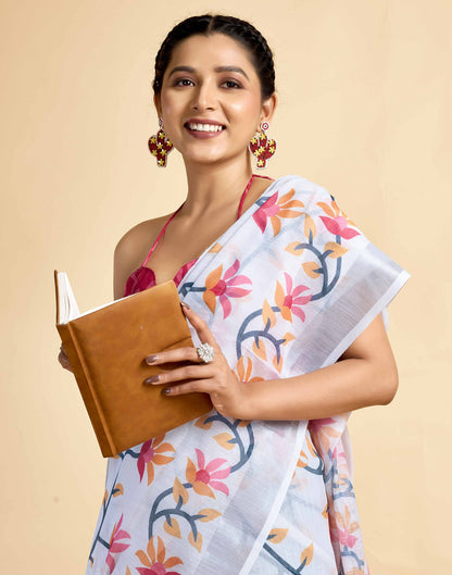 White Linen Floral Printed Saree