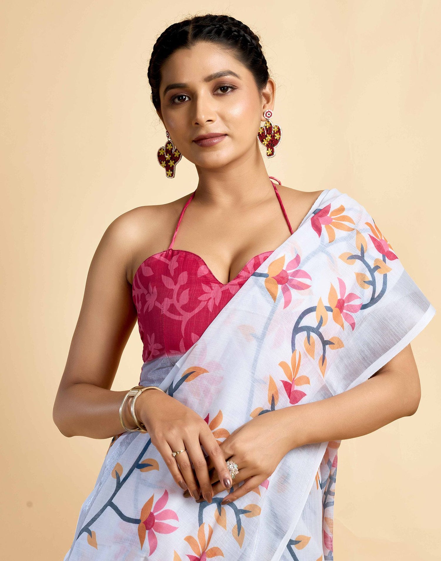 White Linen Floral Printed Saree