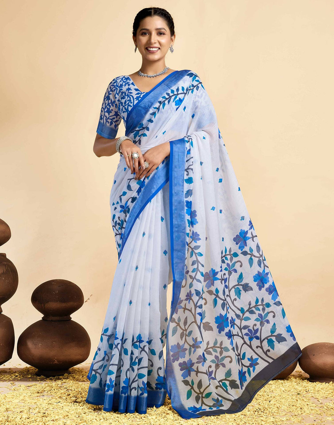 White Linen Floral Printed Saree