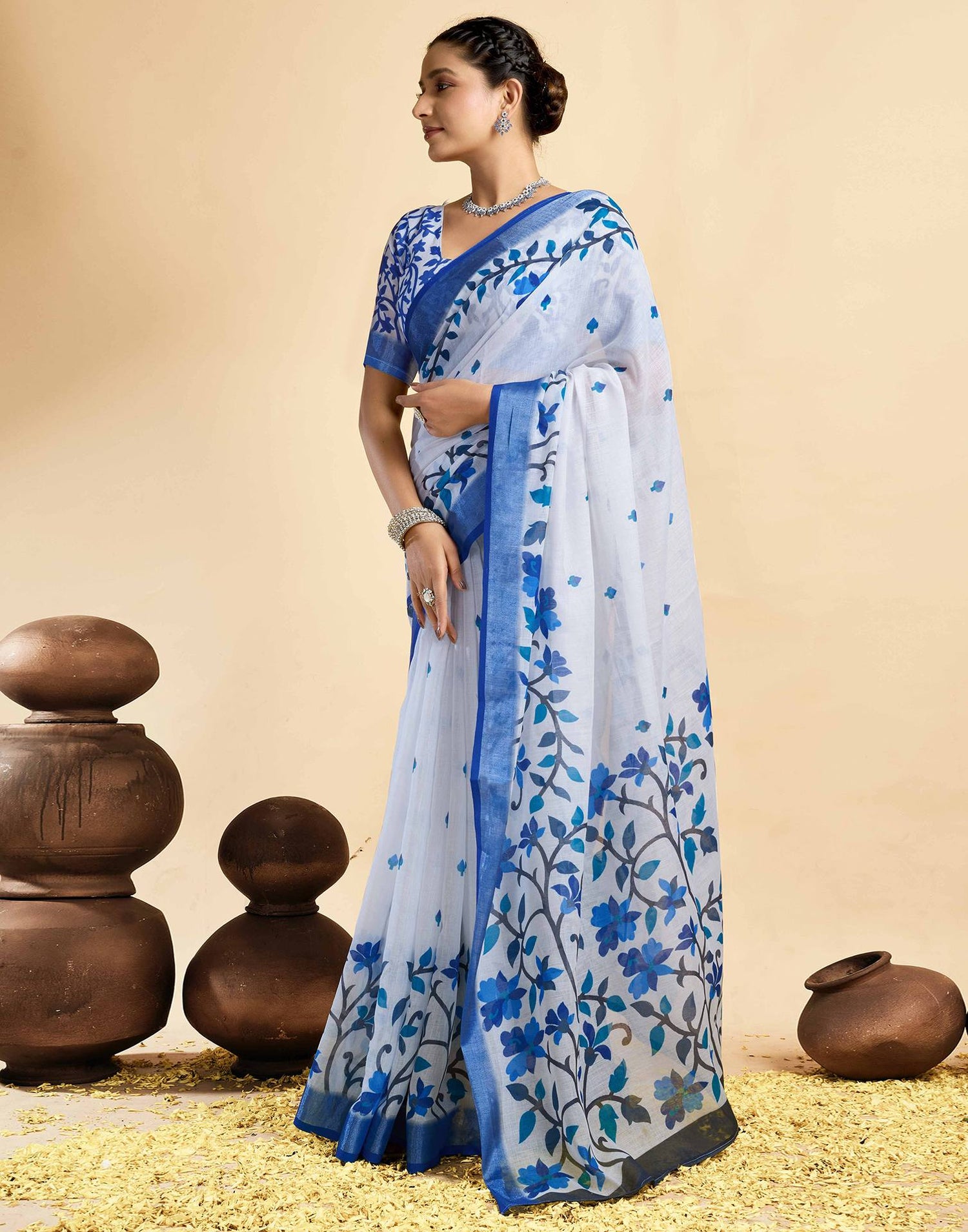 White Linen Floral Printed Saree