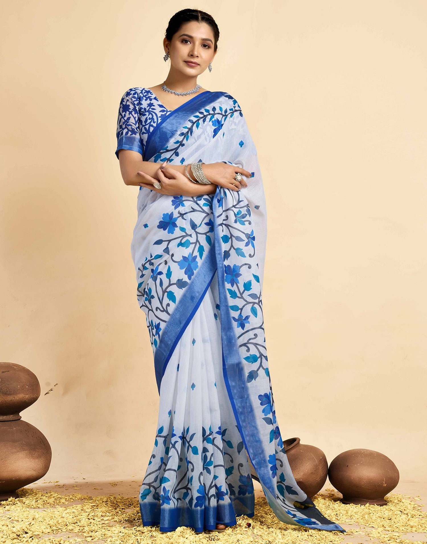 White Linen Floral Printed Saree