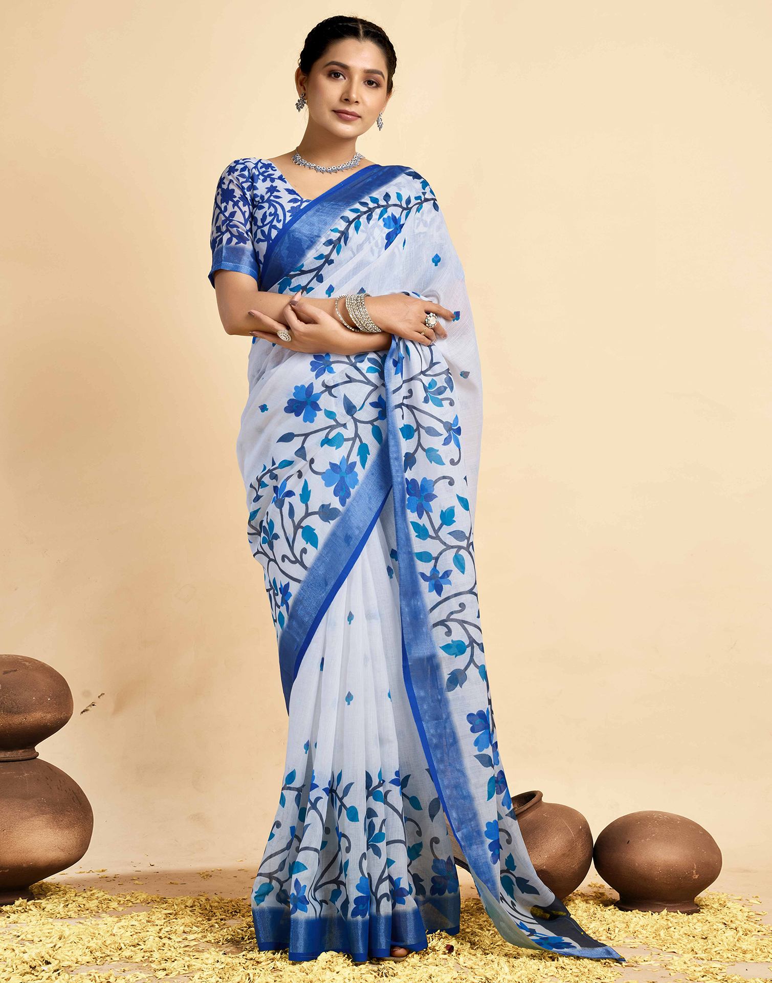 White Linen Floral Printed Saree