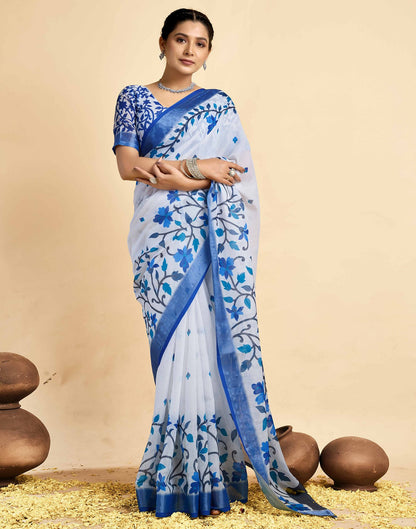 White Linen Floral Printed Saree