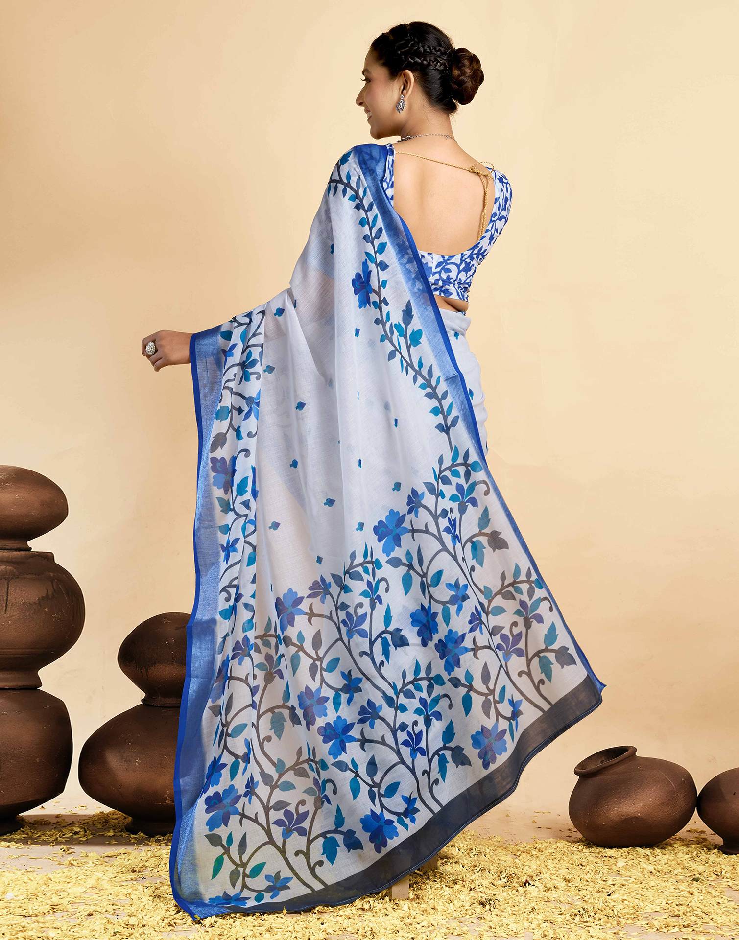 White Linen Floral Printed Saree