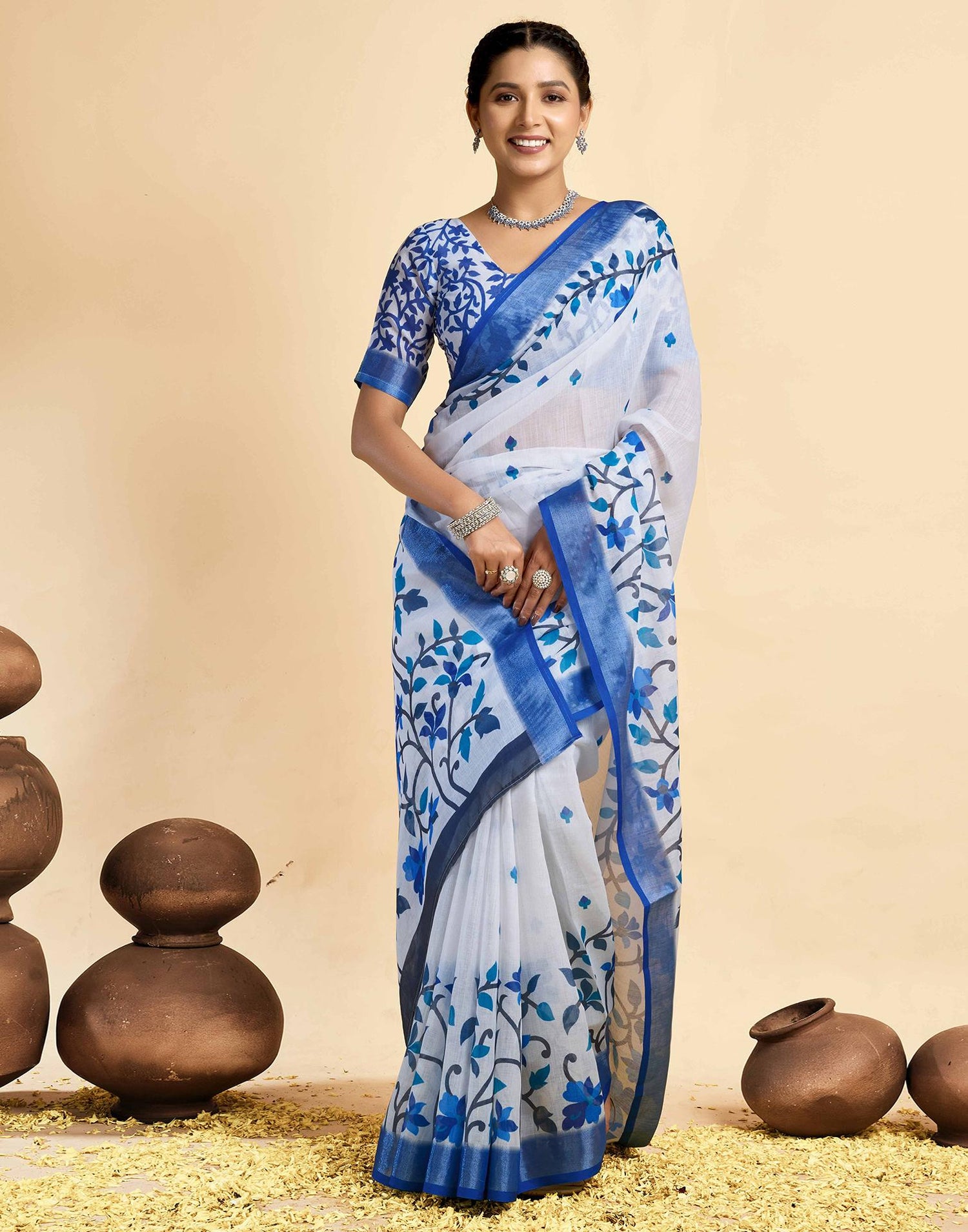 White Linen Floral Printed Saree