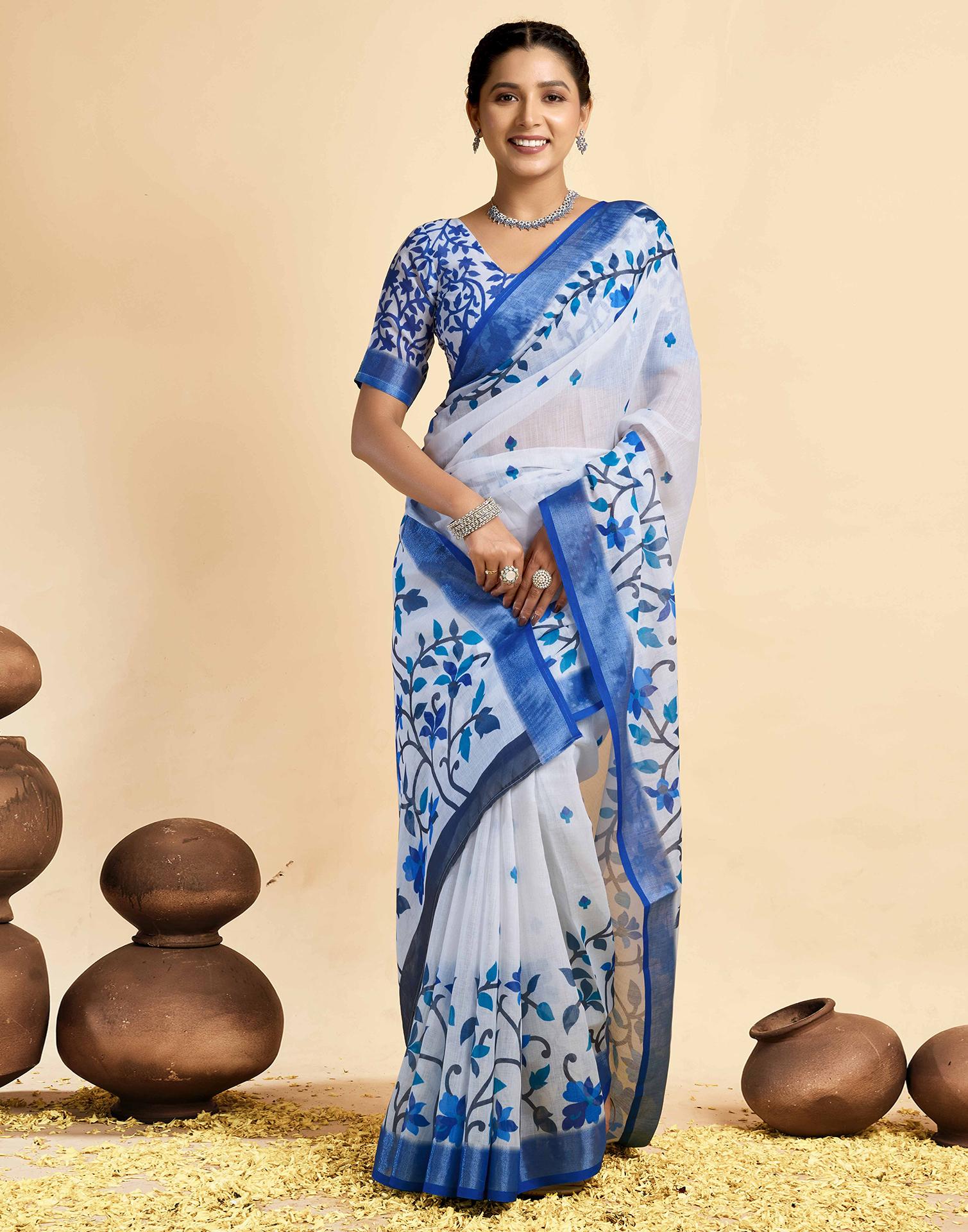 White Linen Floral Printed Saree