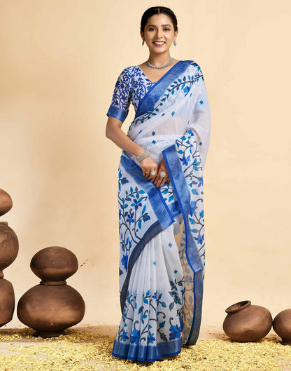 White Linen Floral Printed Saree