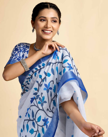 White Linen Floral Printed Saree