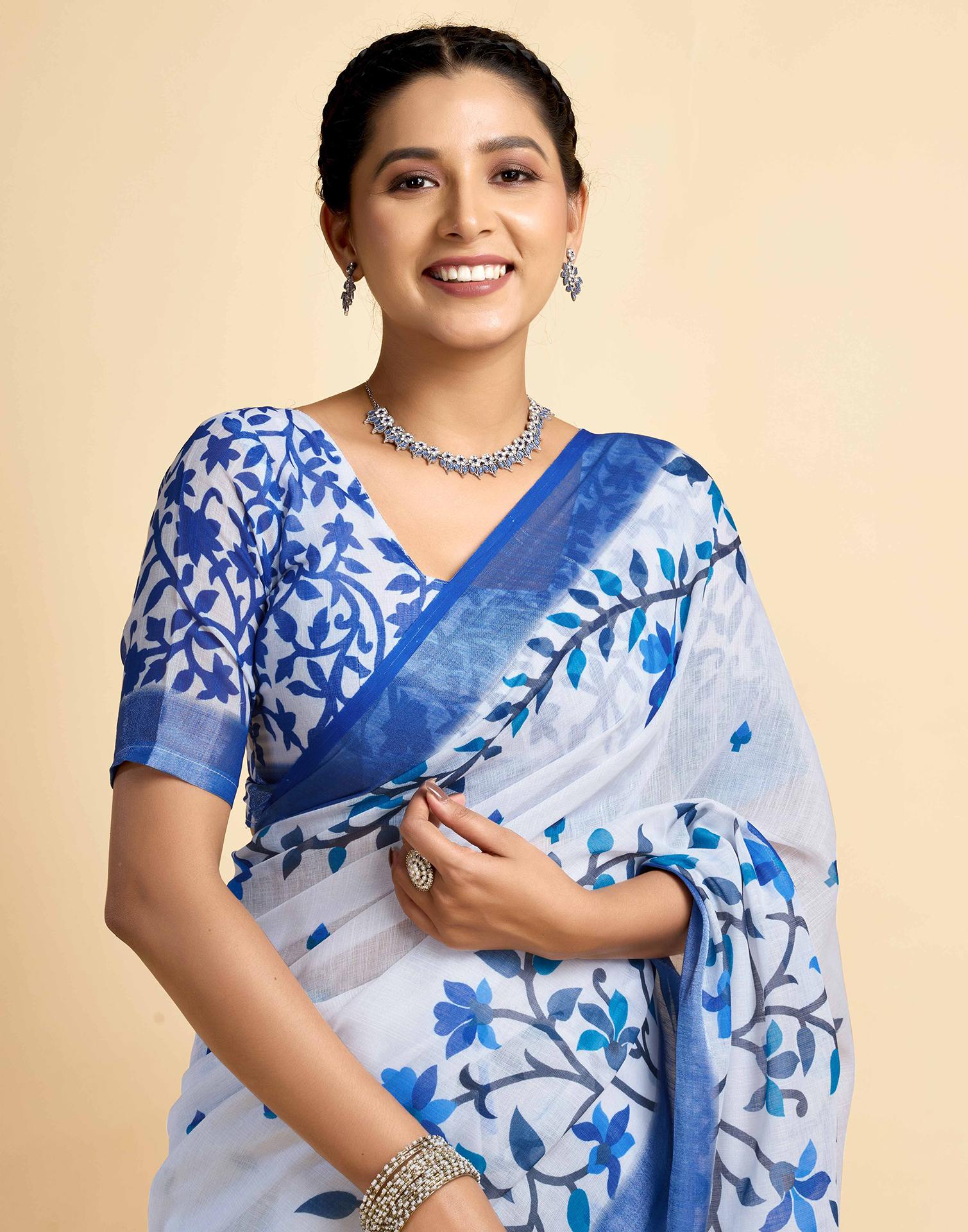 White Linen Floral Printed Saree