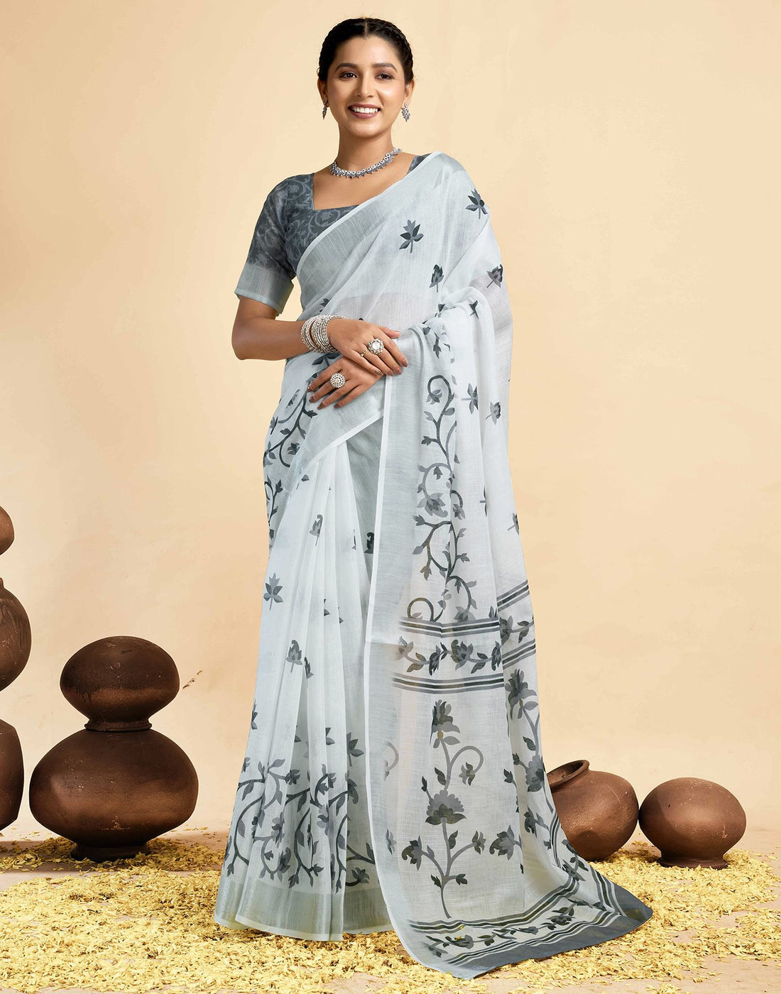 White Linen Floral Printed Saree