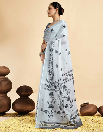 White Linen Floral Printed Saree