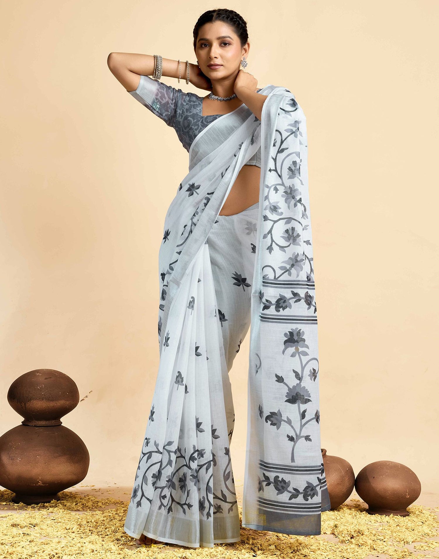 White Linen Floral Printed Saree