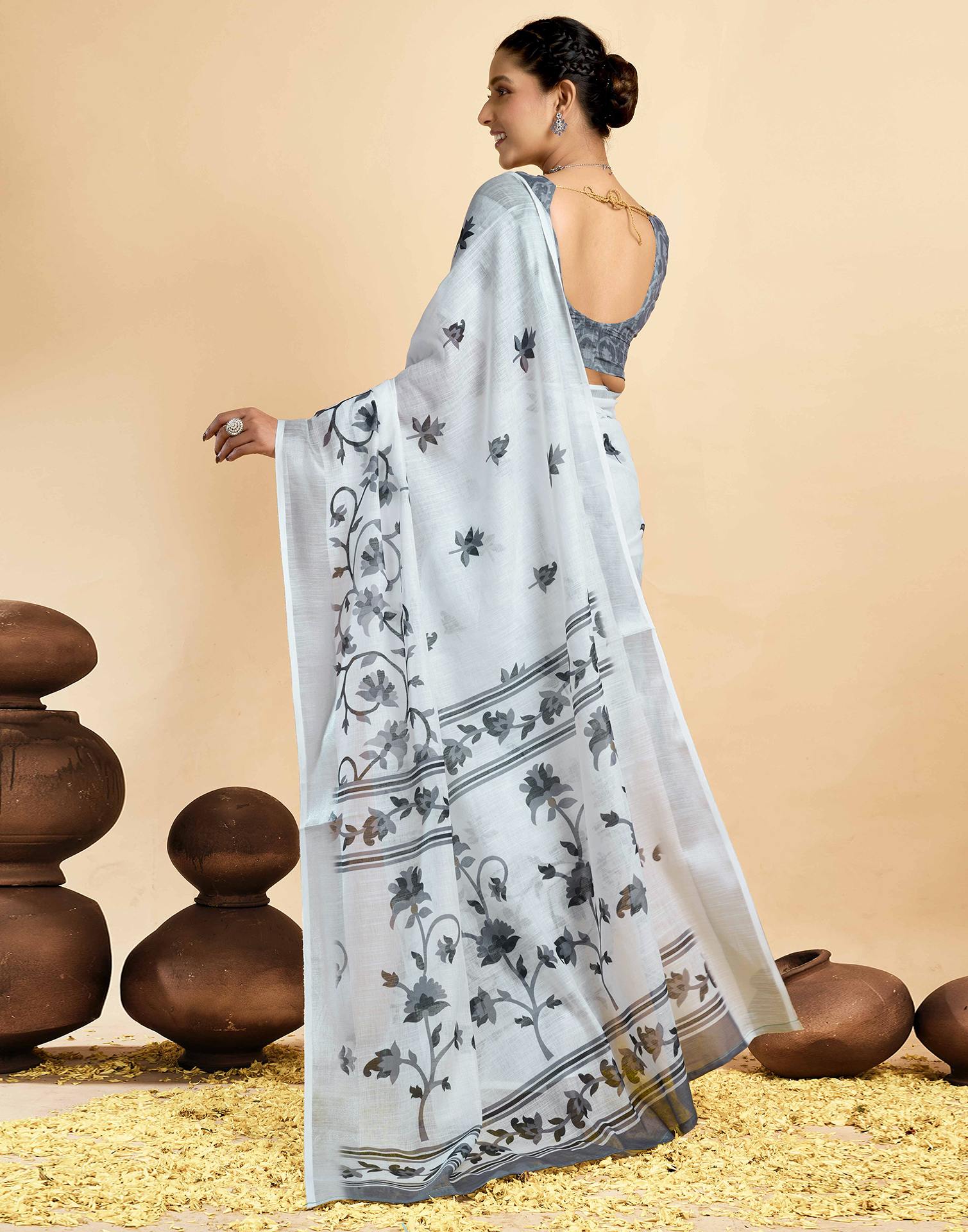 White Linen Floral Printed Saree