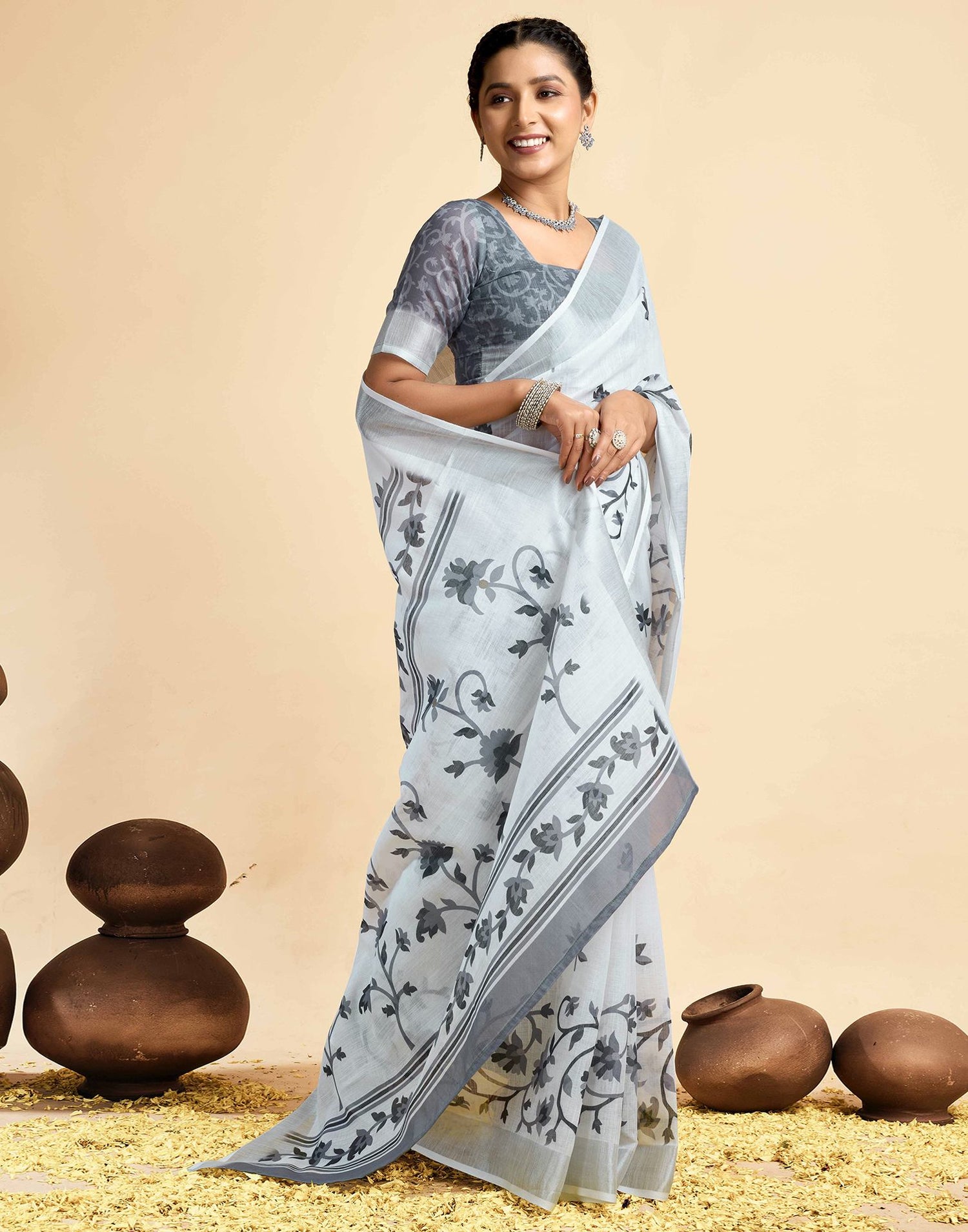 White Linen Floral Printed Saree
