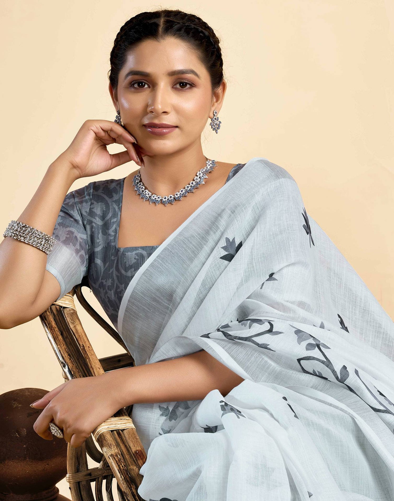 White Linen Floral Printed Saree
