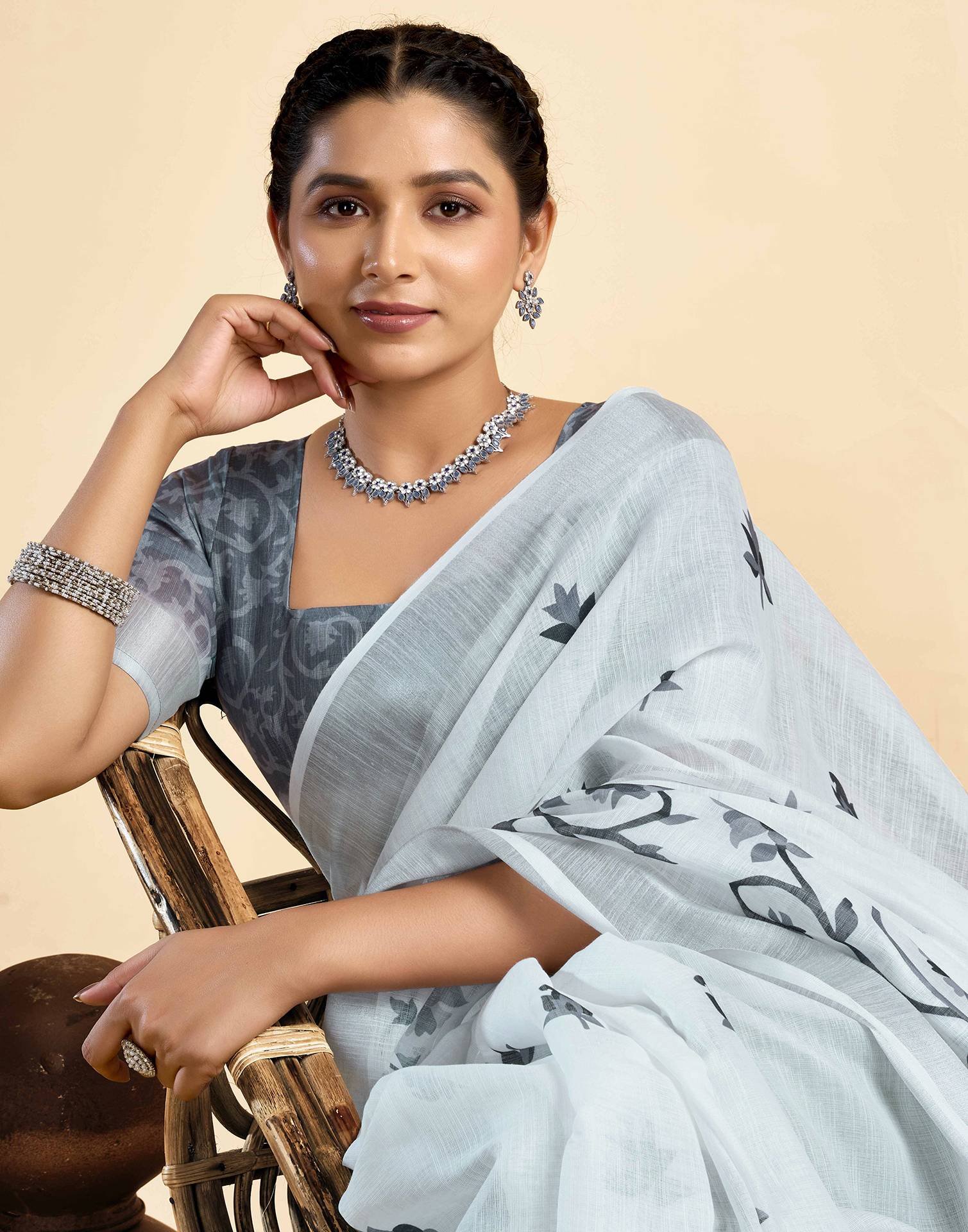 White Linen Floral Printed Saree