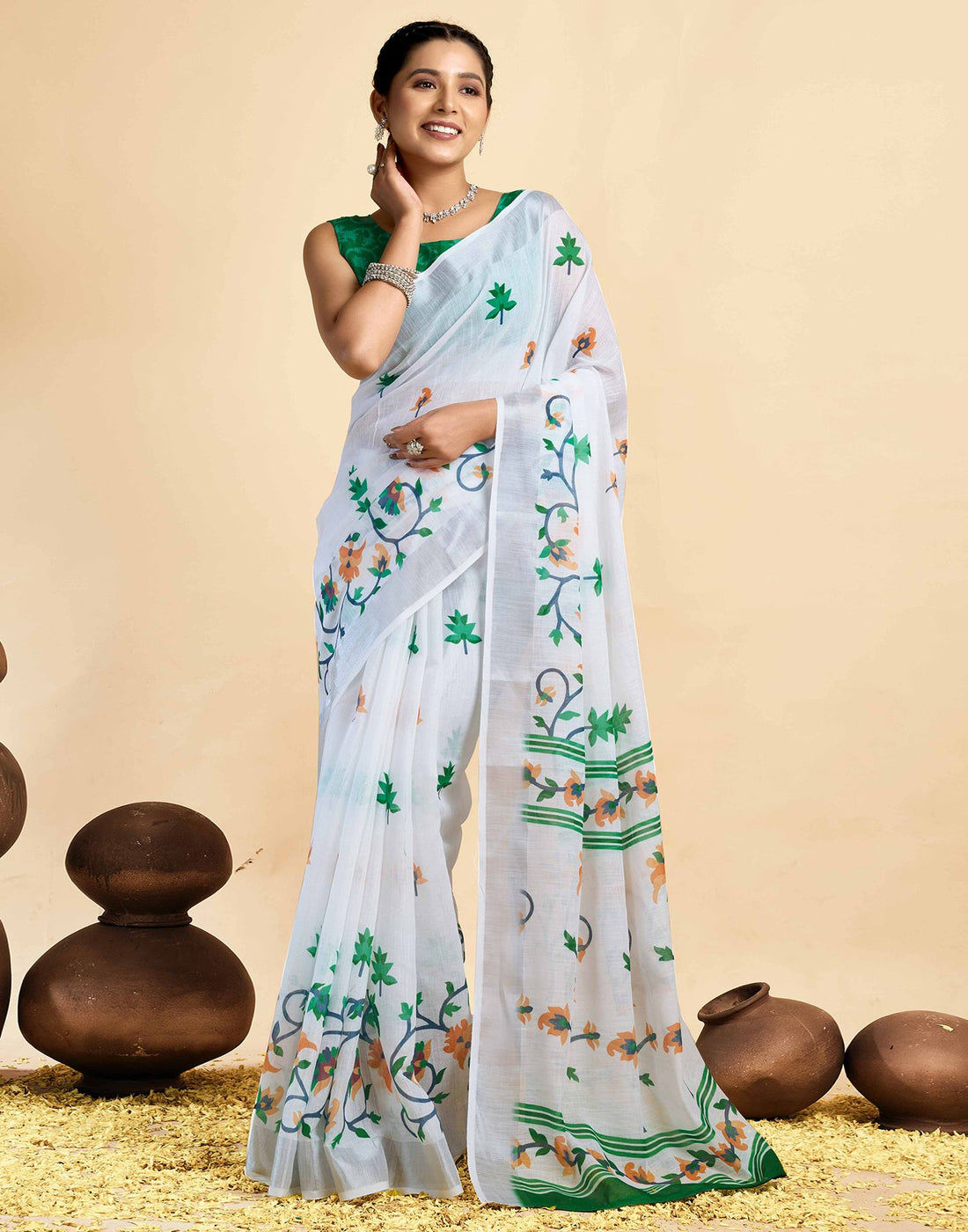 White Linen Floral Printed Saree