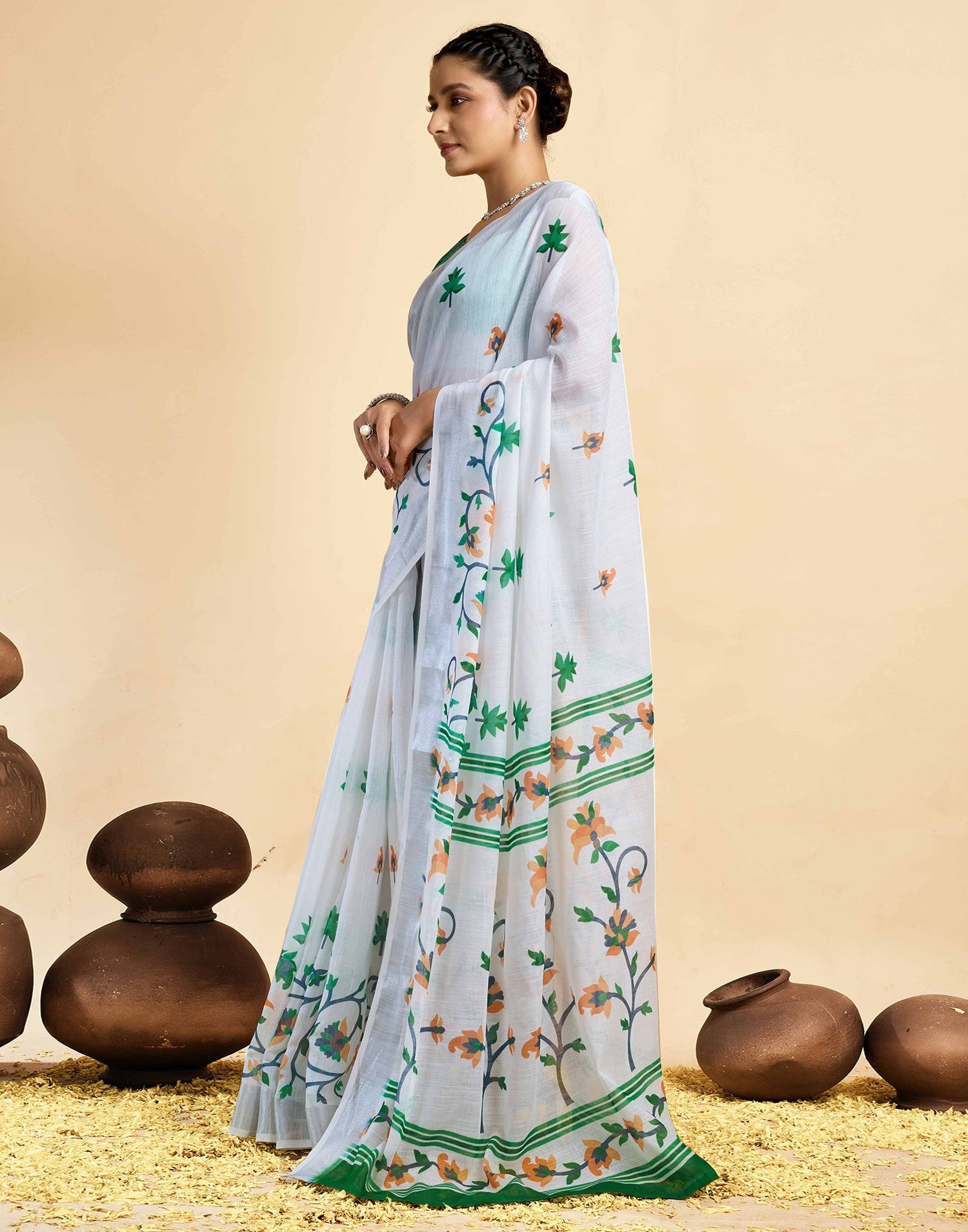 White Linen Floral Printed Saree