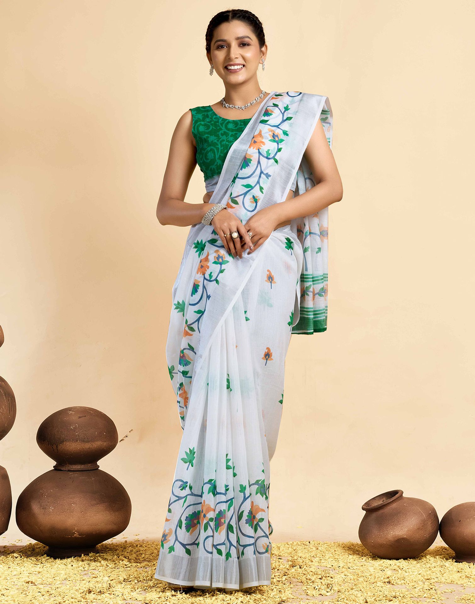White Linen Floral Printed Saree