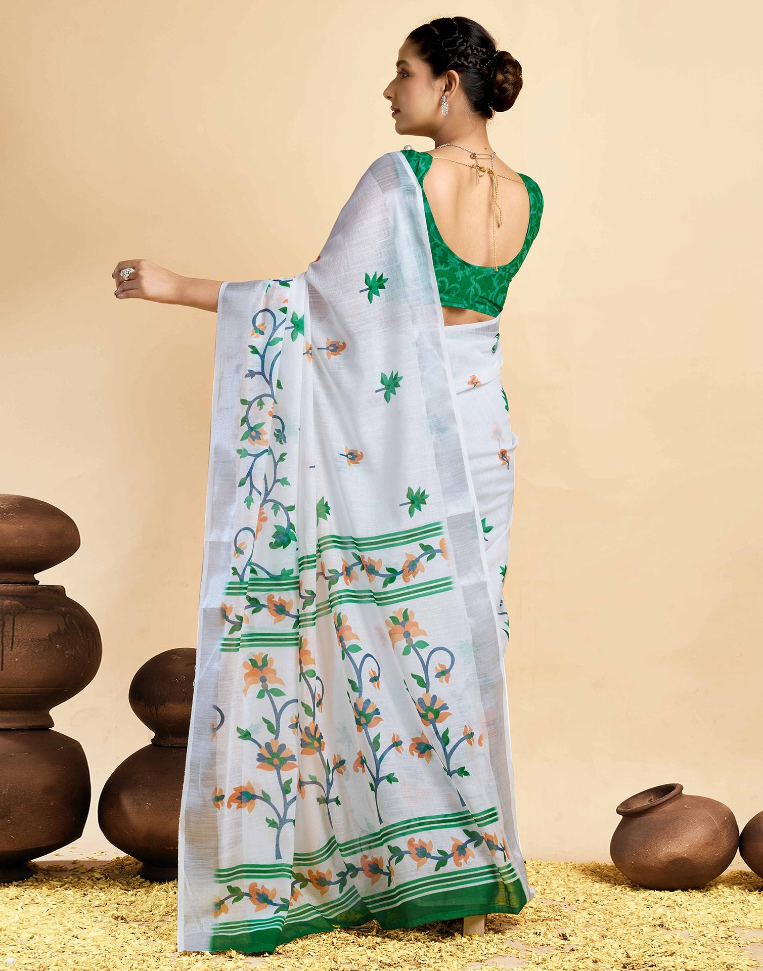 White Linen Floral Printed Saree