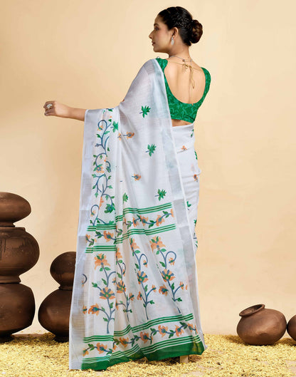 White Linen Floral Printed Saree