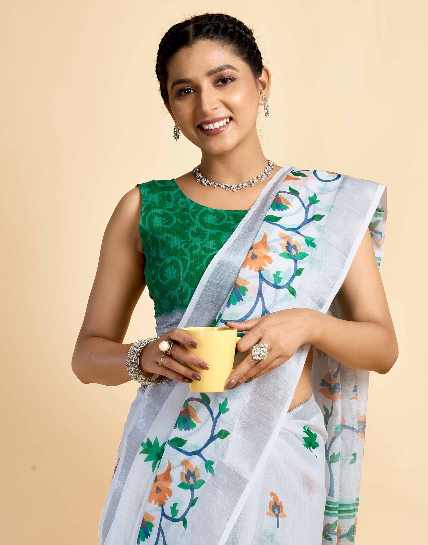 White Linen Floral Printed Saree
