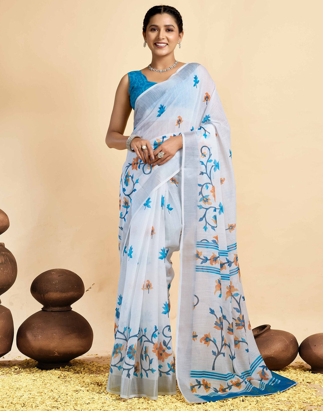 White Linen Floral Printed Saree