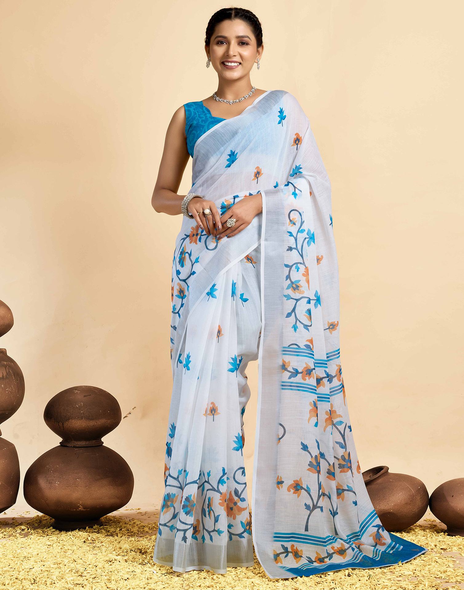 White Linen Floral Printed Saree