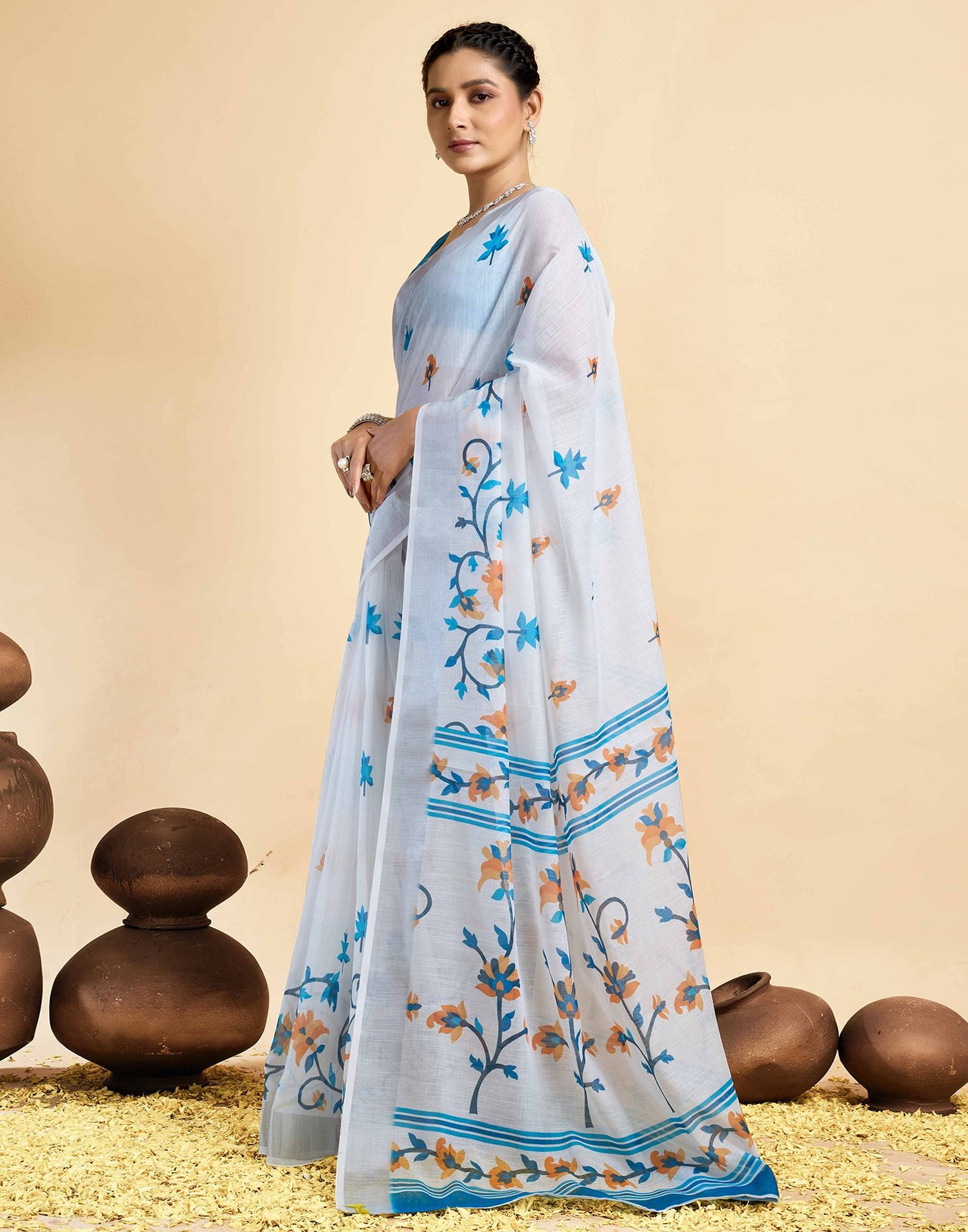 White Linen Floral Printed Saree