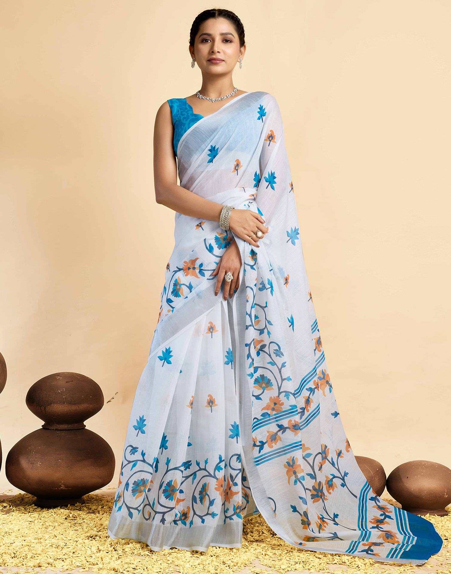 White Linen Floral Printed Saree