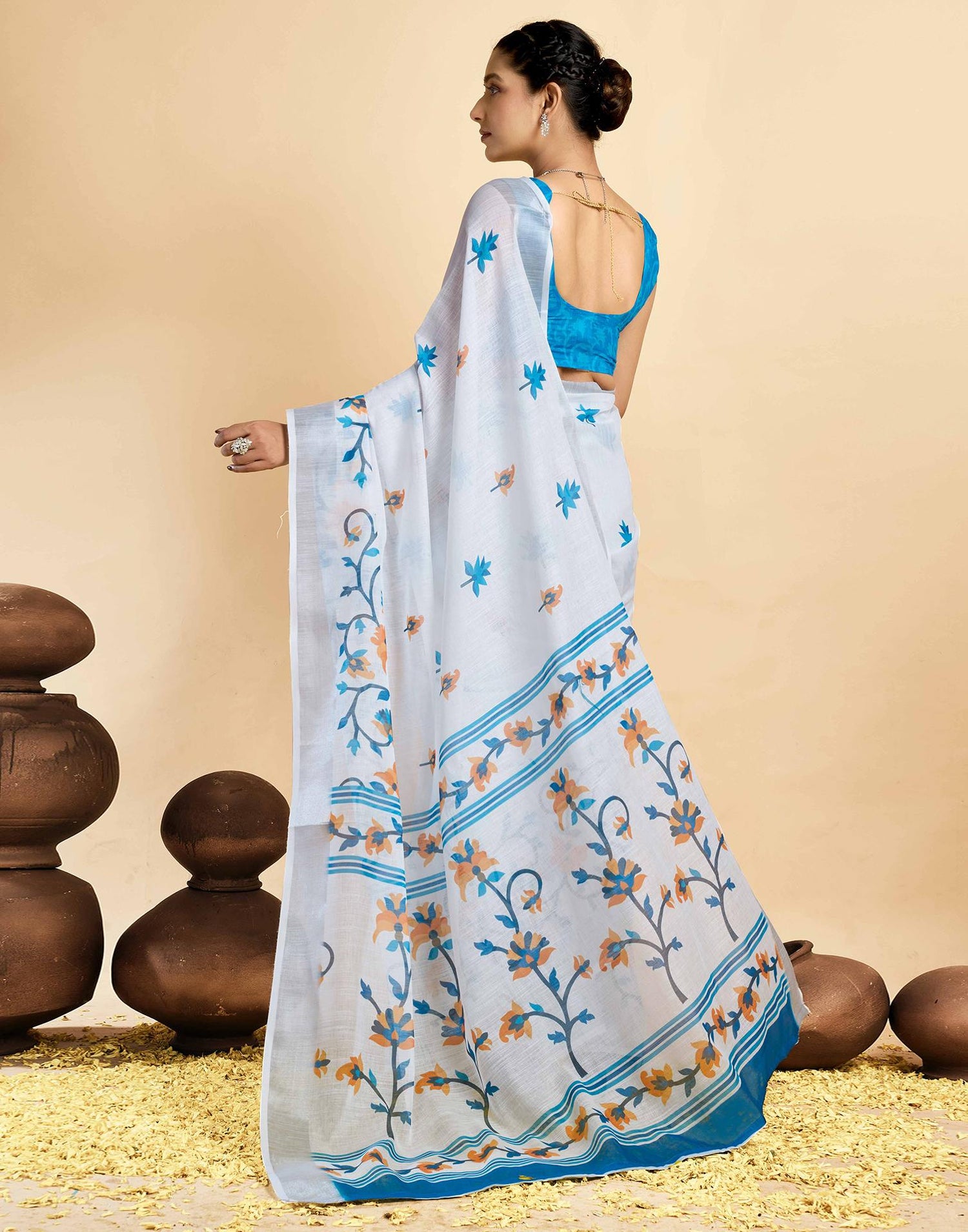 White Linen Floral Printed Saree