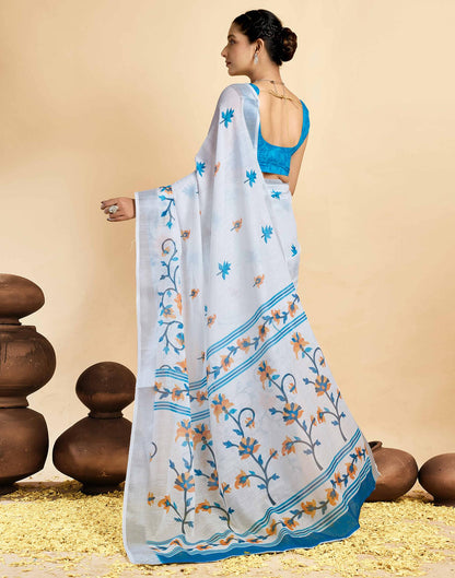 White Linen Floral Printed Saree
