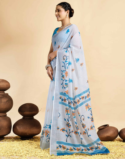 White Linen Floral Printed Saree