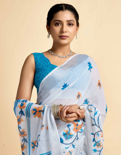White Linen Floral Printed Saree