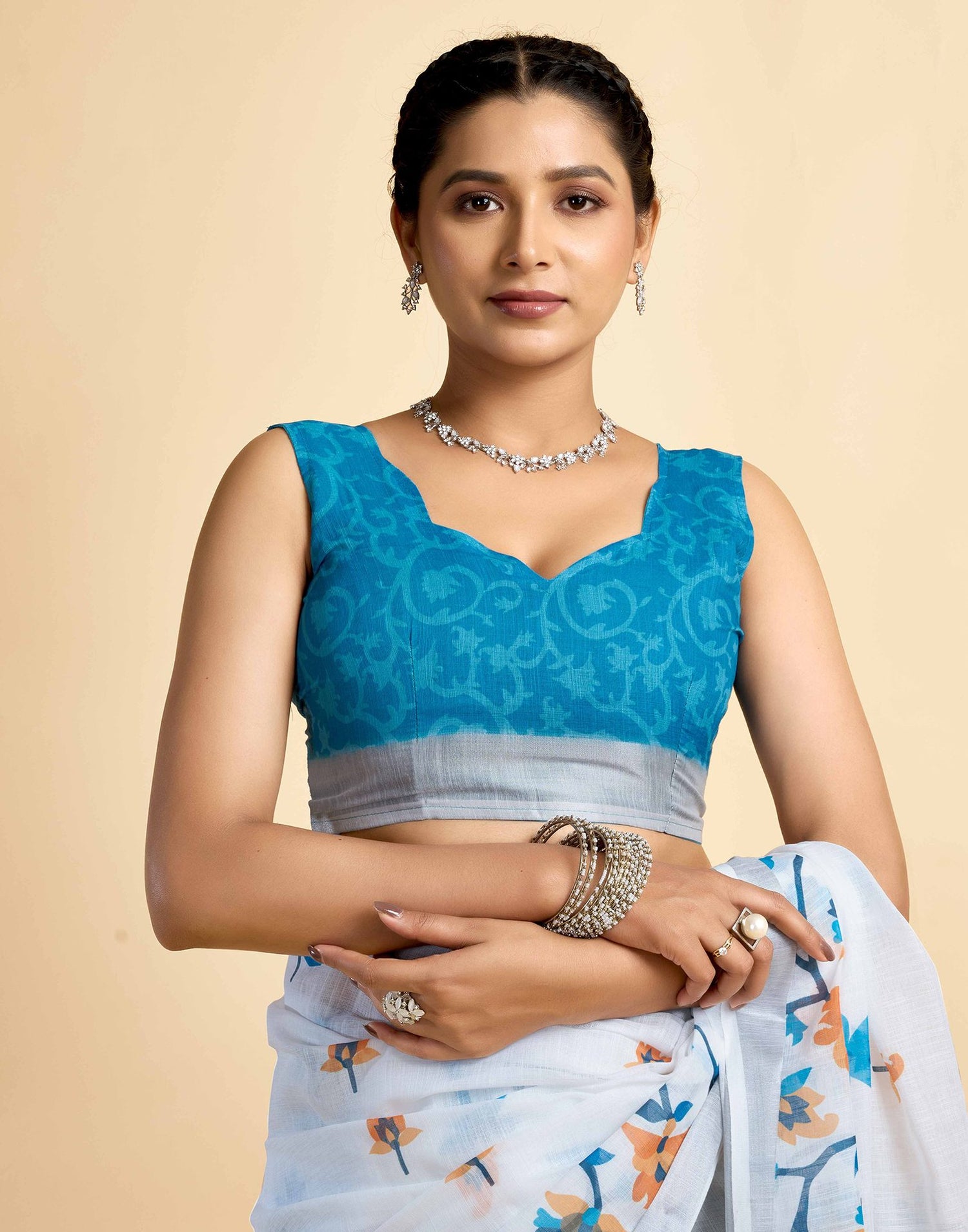 White Linen Floral Printed Saree