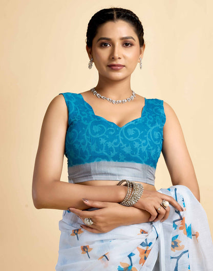 White Linen Floral Printed Saree