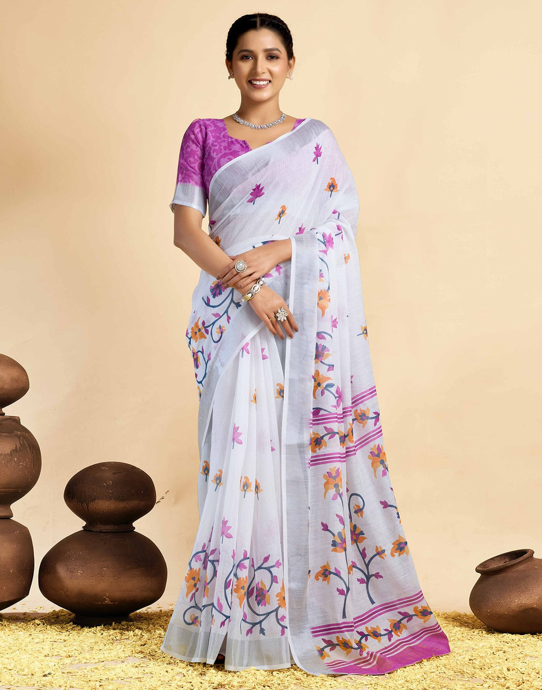 White Linen Floral Printed Saree