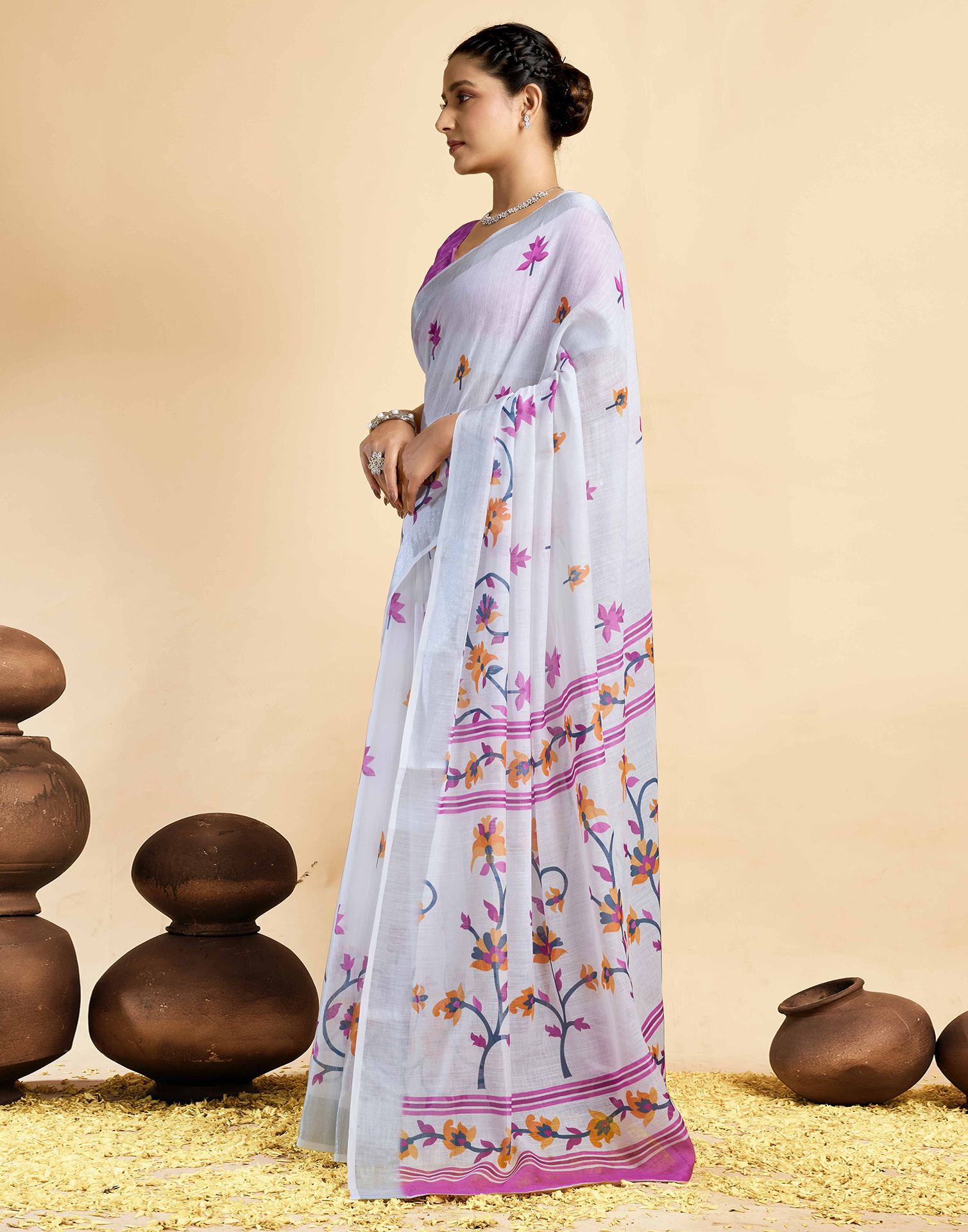 White Linen Floral Printed Saree