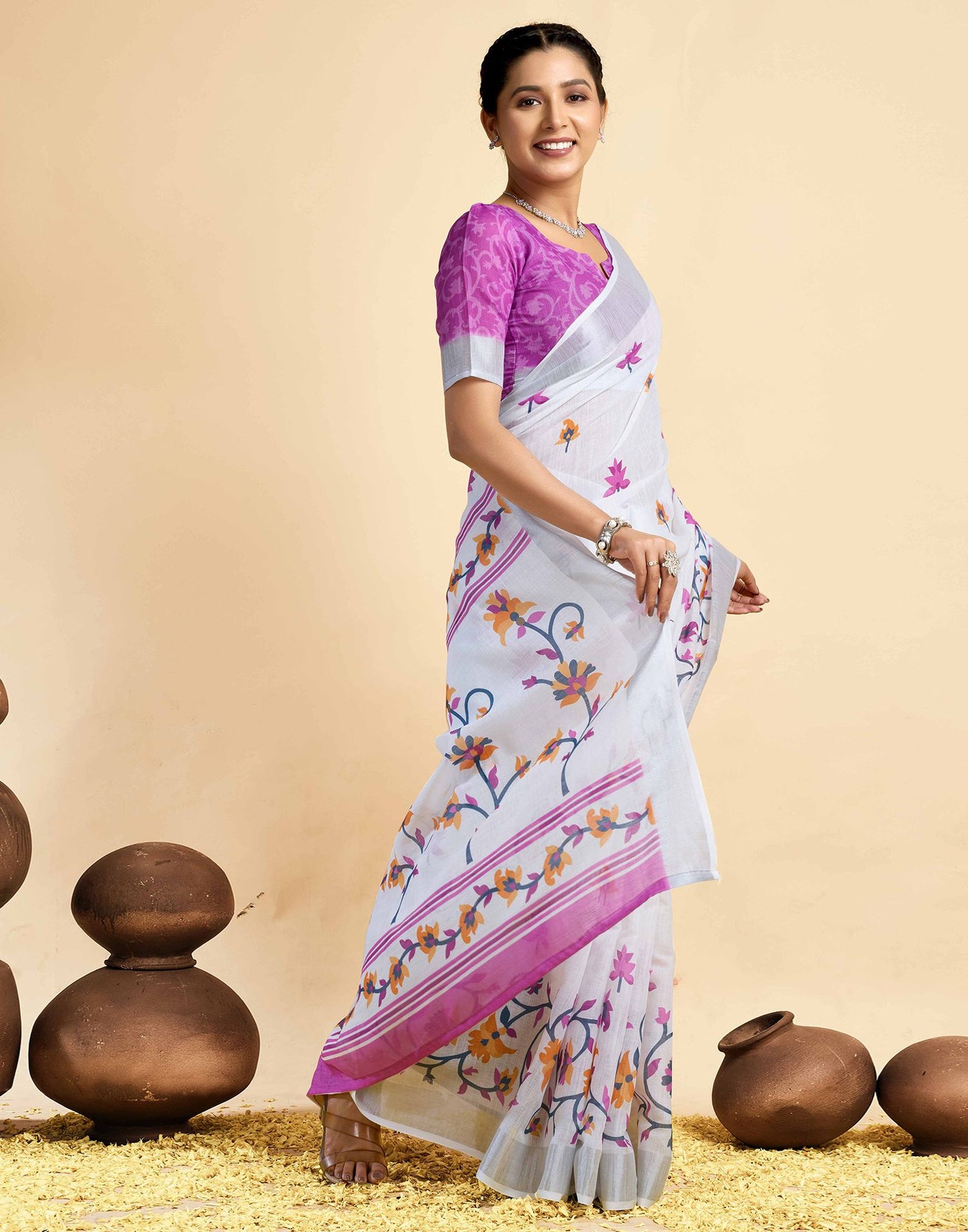 White Linen Floral Printed Saree