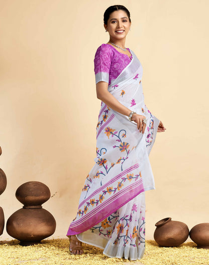 White Linen Floral Printed Saree