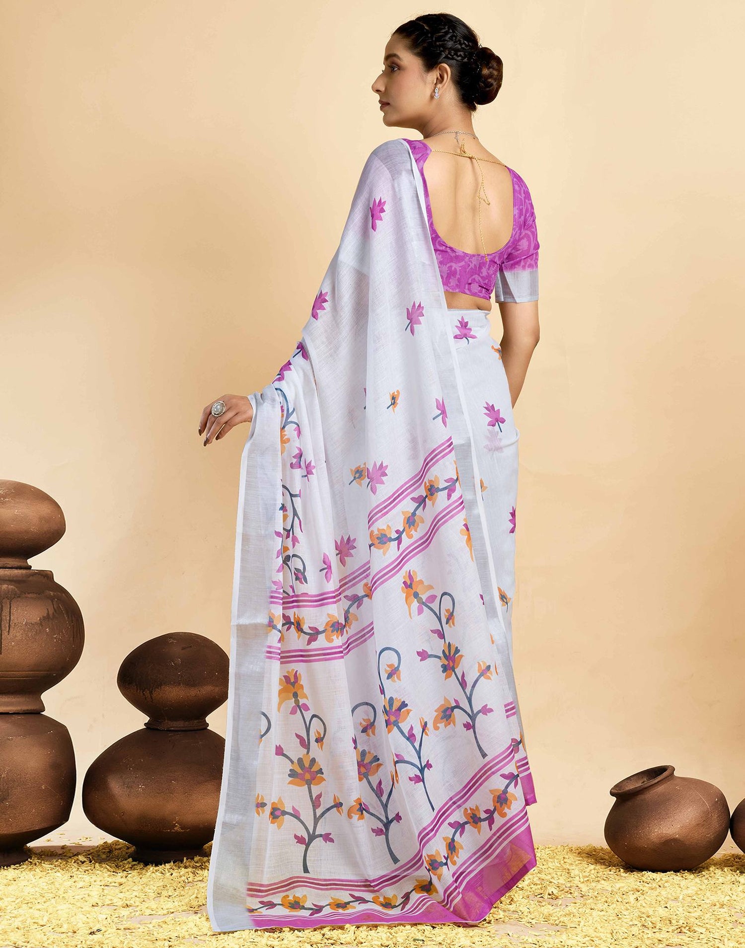 White Linen Floral Printed Saree