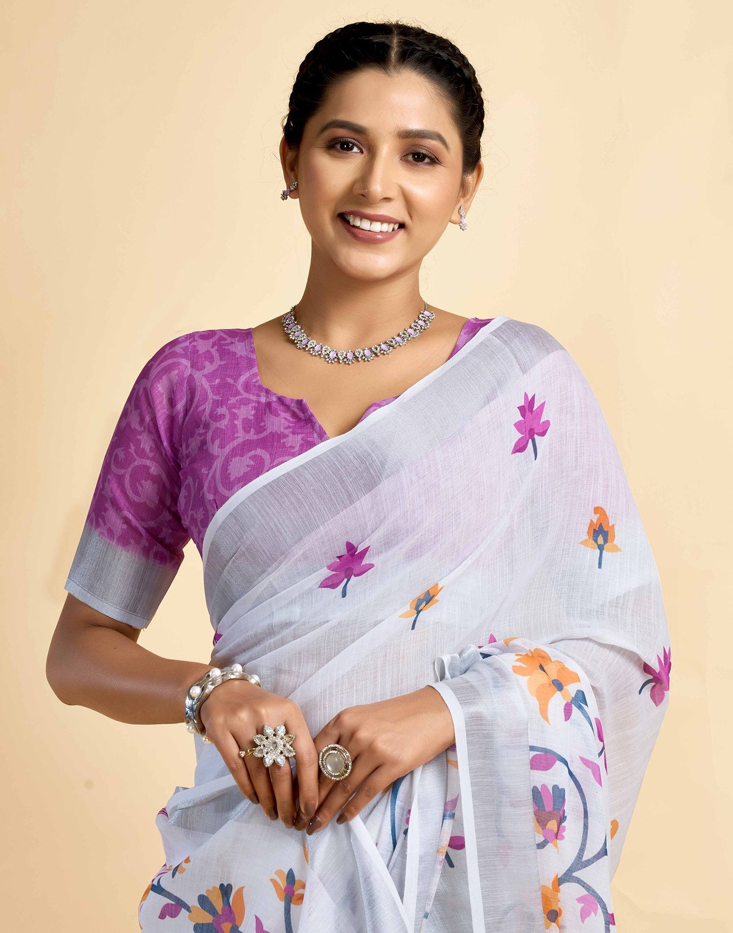 White Linen Floral Printed Saree