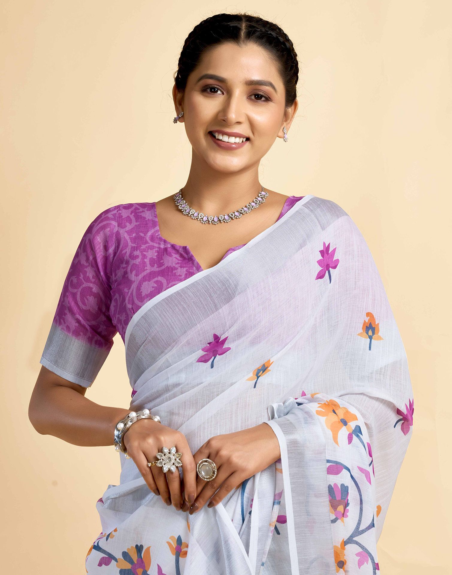 White Linen Floral Printed Saree