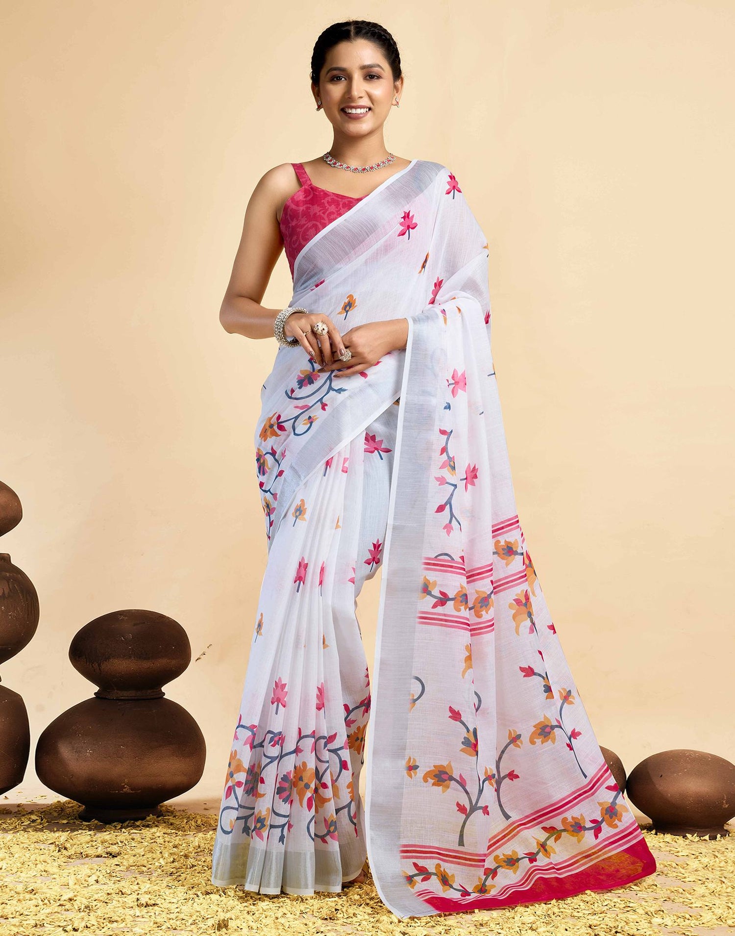 White Linen Floral Printed Saree